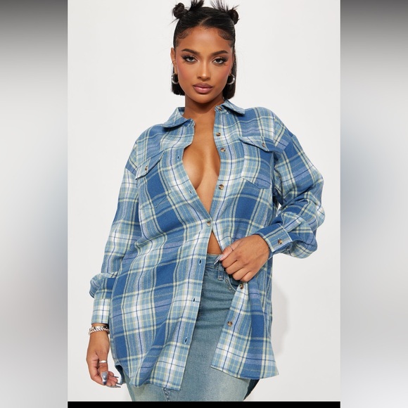 Pretty in Plaid Oversized Flannel Top - Blue/combo - Picture 1 of 3